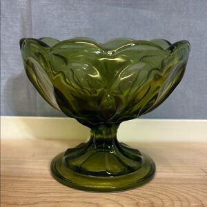 Anchor Hocking Fairfield Green Art Glass Pedestal Compote Footed Candy Dish VTG